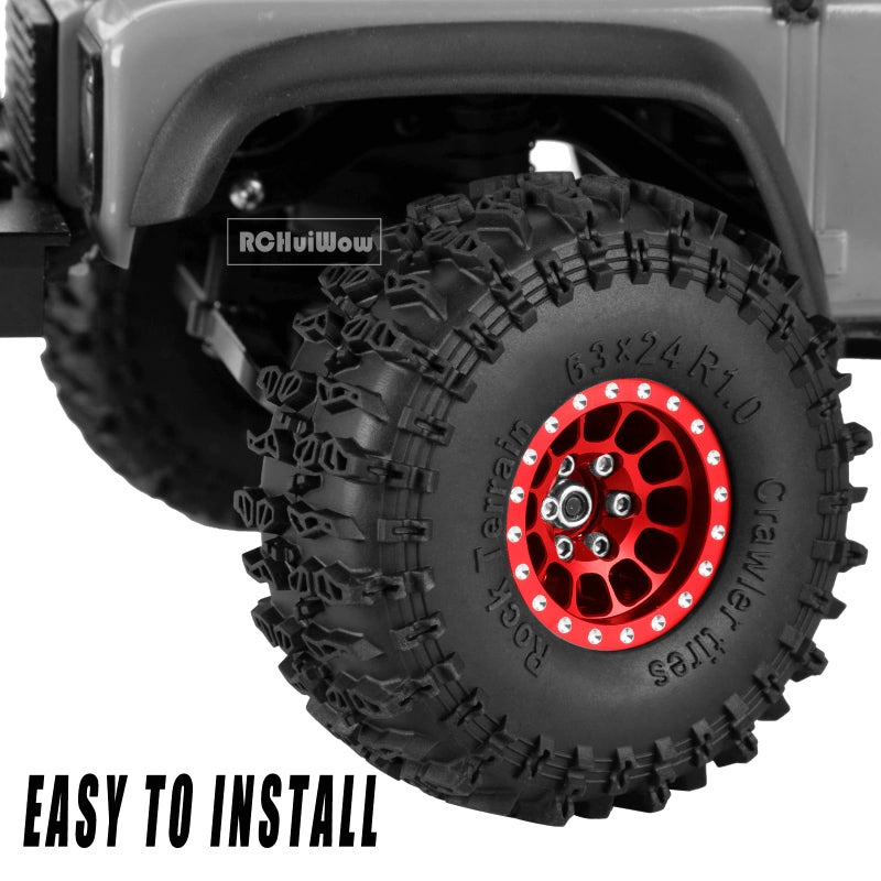 عجلات وإطارات RCHuiWow 1.0 بوصة Beadlock RC لـ 1/18 TRX4M، 1/24 Axai1 SCX24 RC Crawler، 1.0 إطارات Beadlock مع عجلات ألمنيوم 1.0 RC Beadlock Rims، 4 قطع، أحمر - Image 4